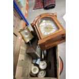 Box of various clocks to include Smiths mantle clock, travelling clocks, Metamec, Bentima etc