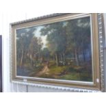 Framed Oil on Canvas of Cottage, Figures and Animals in a Woodland Setting, signed M Goodman 1914