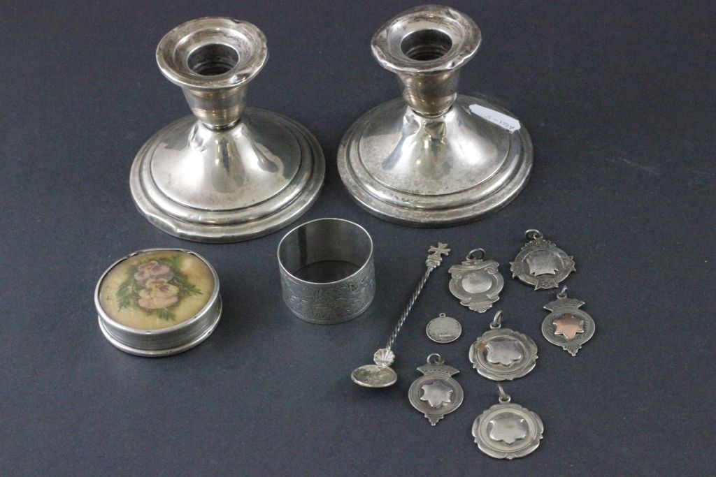 Collection of mixed silver items to include Candlesticks