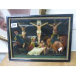 A vintage coloured print on glass titled THE CRUCIFIXION.