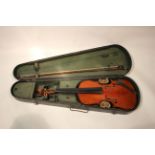 Vintage Violin. "The Maidstone" in original wood case, with bow. No bridge. Body length: 13", 2