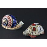 Two Royal Crown Derby Paperweights, Tortoise and Snail