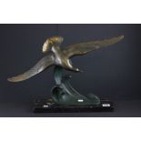 Art Deco Bronze Swooping Seagull on Marble Base signed Carvin