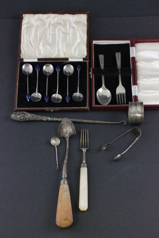 Silver Hallmarked Coffee Bean Spoons, Silver Fork and Spoon Set, Napkin Ring, Sugar Nips and Four