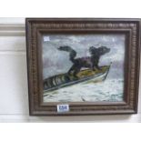 Oil on board of a dog at sea titled 'Blackie The Dog Always On Duty', Sennen, Penzance 1958