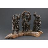 Three Late 19th / Early 20th century Hardwood Carved Japanese Figure Groups, all mounted on a single