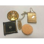 Oriental Painted Mother of Pearl Shell, Three Compacts and a Leather Purse