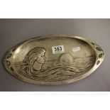 Art Nouveau Silver Plated Vide Poche with relief design of a female in the sea at sunset