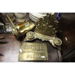 Trench art sugar scoop, brass desk tidy with double inkwell & coursier brass plaque