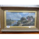 An antique gilt framed oil painting figure in a rural setting.