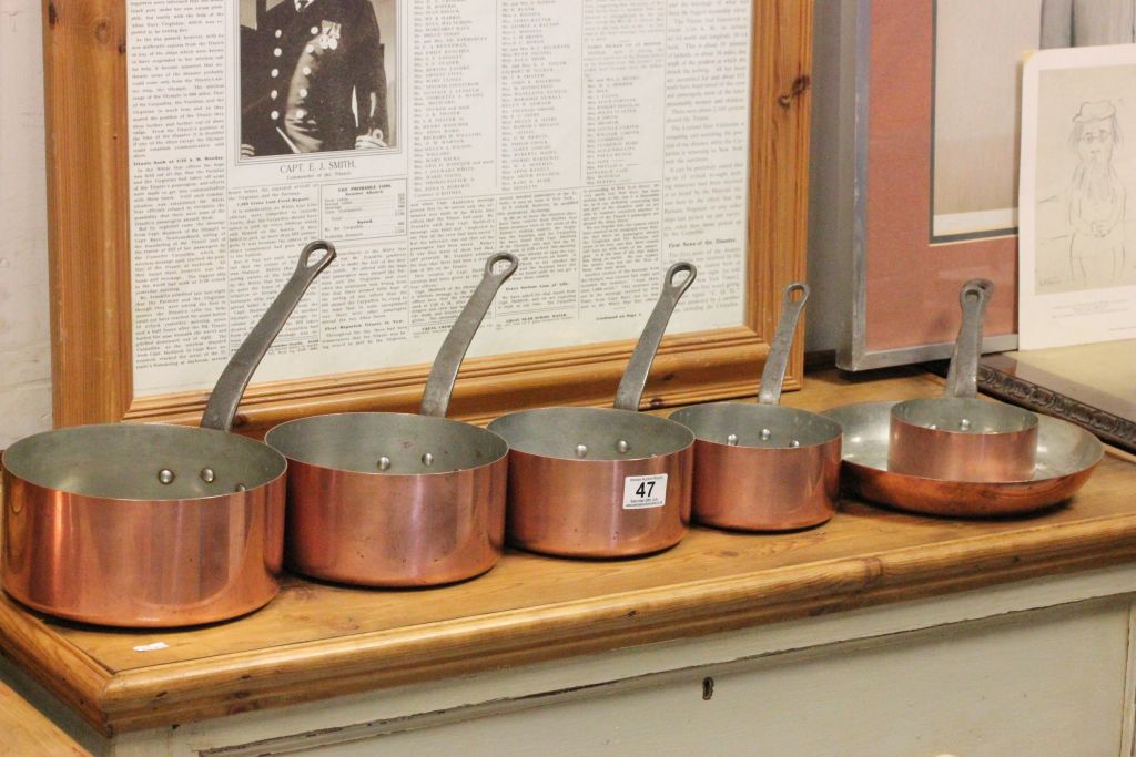 Set of Five French Copper Graduating Saucepans plus Matching Frying Pan, all the Iron Handles and