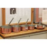 Set of Five French Copper Graduating Saucepans plus Matching Frying Pan, all the Iron Handles and