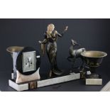 Art Deco French Mantle Clock Garniture surmounted with a Spelter Deco Lady and a Deer on a Black