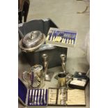 Quantity of silver plated items to include boxed cutlery and candlesticks
