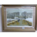 Framed print of a winter river scene, signed Jeremy King