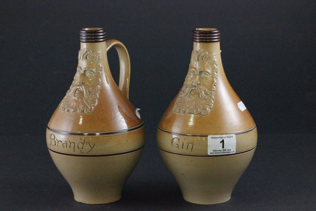 Doulton Lambeth stoneware Brandy & Gin jugs made for John Morlock London