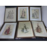 Six Colour Prints of 19th century Paris Fashion Ladies, all framed and glazed