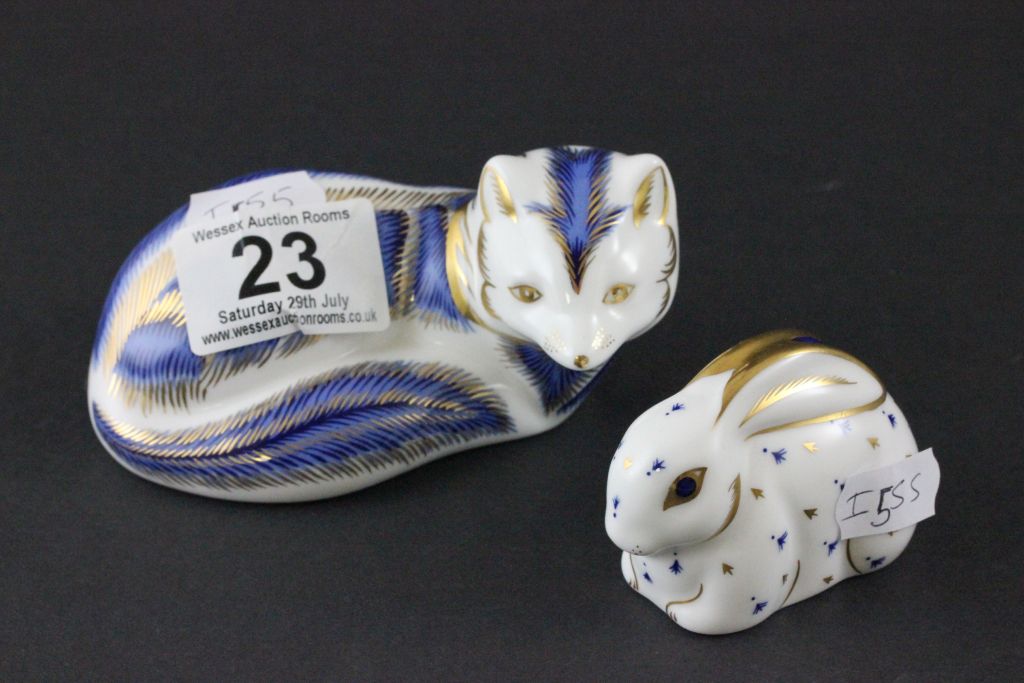 Two Royal Crown Derby Paperweights, Fox with silver stopper and Rabbit with silver stopper