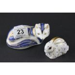 Two Royal Crown Derby Paperweights, Fox with silver stopper and Rabbit with silver stopper