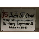 German Business Enamel Sign ' JFO Jean Fr. Ockl, Heizungs - Luftungs - Trockenanlagen, Nurnberg