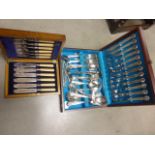 Two sets of silver plate cutlery in wooden cases, Fish knives and forks, and full setting cutlery