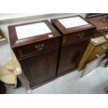 Pair of antique mahogany pedestal cupboards with drawer & inset Carrera marble inset tops