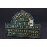 Cast Iron Agricultural Plate ' Taunton No.1 R.A.S.E First Prize Haymaker, Blackstone & Co Ltd,