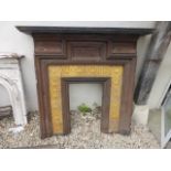 Victorian Cast Iron Fire Surround with Wooden Mantle and Art Nouveau Yellow Tiles