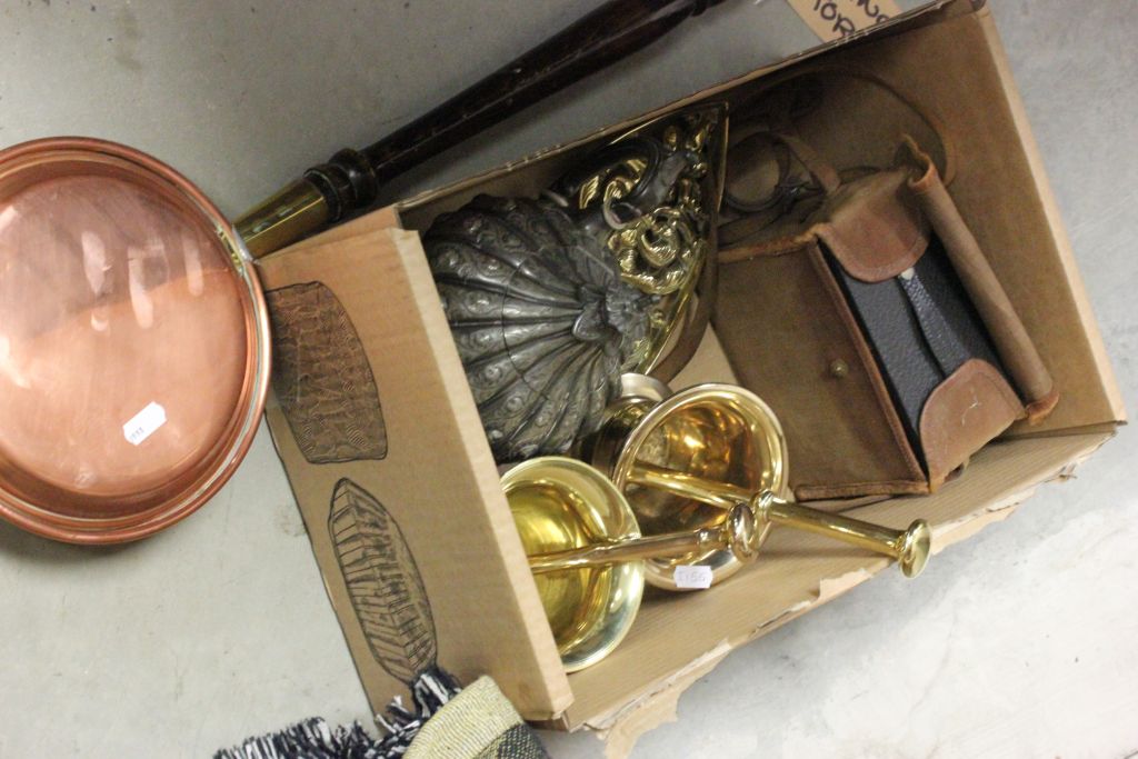 Mixed Lot comprising Two Heavy Brass Pestle & Mortars, Brass Trivet, Brownie Camera, Copper Bed