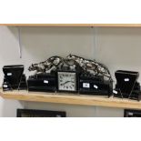 Art Deco Style ODYV Black Ceramic Clock Garniture with Panther decoration