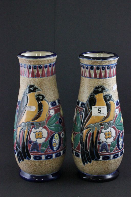 Pair of Riessner Stellmacher Amphora Magpie Tiplitz Bohemia Vases