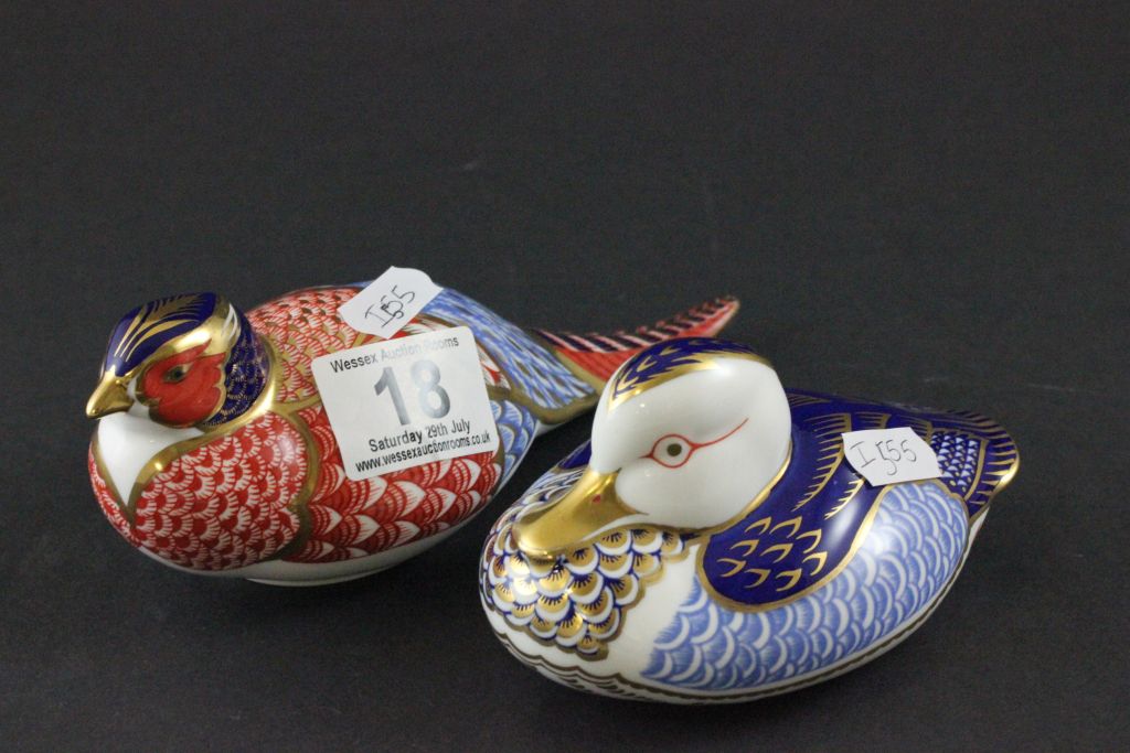 Two Royal Crown Derby Paperweights, Mandarin Duck with silver stopper and Pheasant