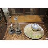 Mixed lot to include two painted pottery plates, two lace makers glass chimney chamber sticks, and