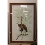 Large Fabric Printed Panel showing a Pair of Herons, monogrammed S.B, in faux bamboo frame, 68cm x