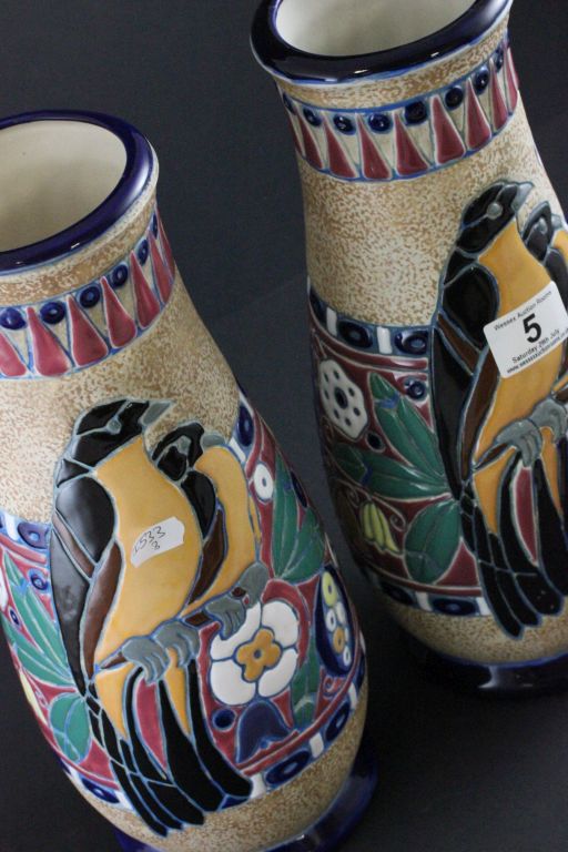 Pair of Riessner Stellmacher Amphora Magpie Tiplitz Bohemia Vases - Image 2 of 4