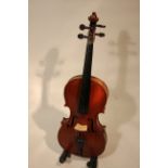 Old violin (possibly English) with flared wood on body, neck and scroll. Fine tuners, 2 piece back