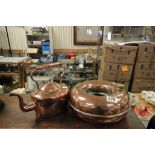 Antique Copper Kettle together with a Copper Circular Hot Water Flask