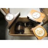 Large box containing assortment of mantle and alarm clocks