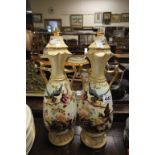 Pair of Twin Handled Lidded Vases, hand painted, c 1920, marked Naples, made