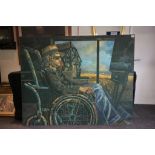 A large oil on board painting possilbly a self portrait artist in a wheelchair.