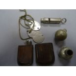 WW2 Military whistle, two swagger stick tops, dog tags and an unusual toolkit in WW1 leather case