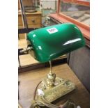 Brass adjustable desk lamp with pen tray and green shade