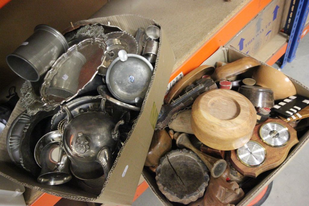 2 boxes, one containg large qty of treen wares, the other large qty copper and silver plate