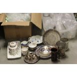 Two Boxes of Mixed Ceramics, Glass and Silver Plate including Blue and Gilt Coalport Teaware,