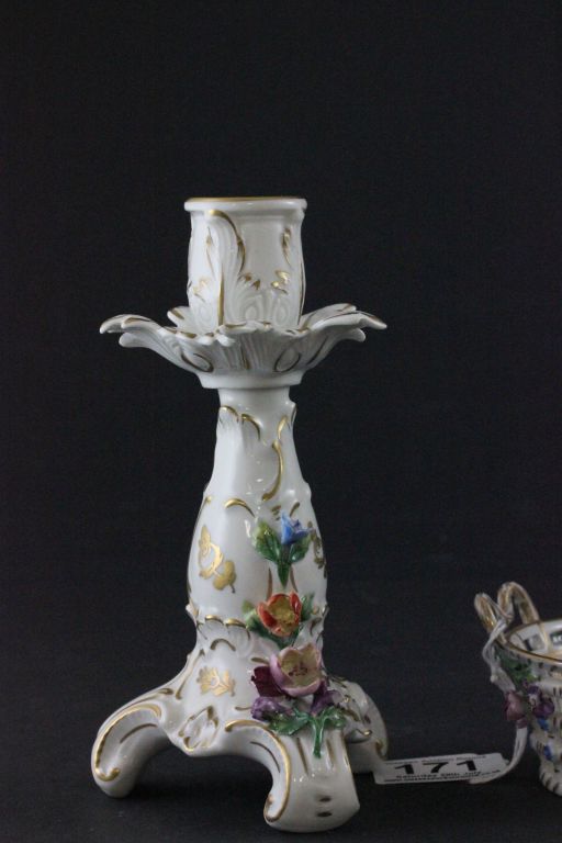 Pair of Dresden candlesticks and a Dresden basket style dish - Image 3 of 4
