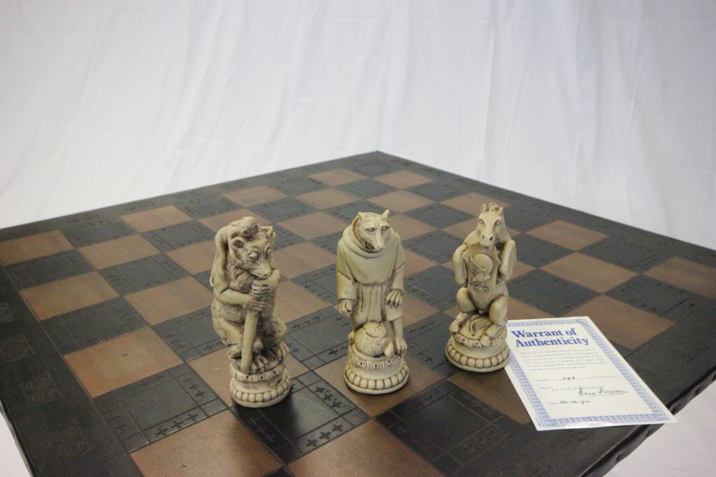 Large boxed and unused Reynard The Fox chess set and limited edition board, 1972