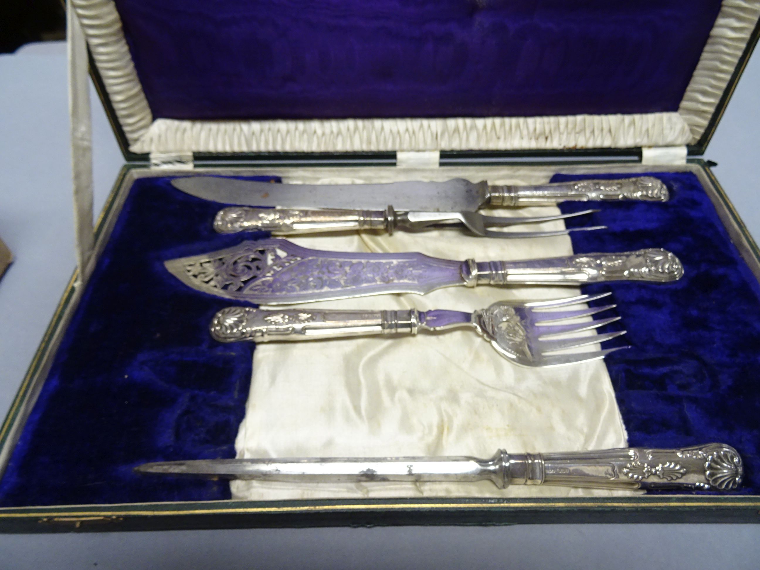 Silver Handled Fish Serving Fork and Knife with matching Three Piece Carving Set, Kings Pattern,