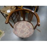 Edwardian Mahogany Tub Chair with floral upholstery and strung backed with cross stretcher