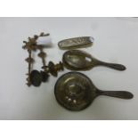 Set of silver backed dressing table items and a pair of brass piano candlesticks