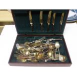 Boxed set of brass cutlery etc